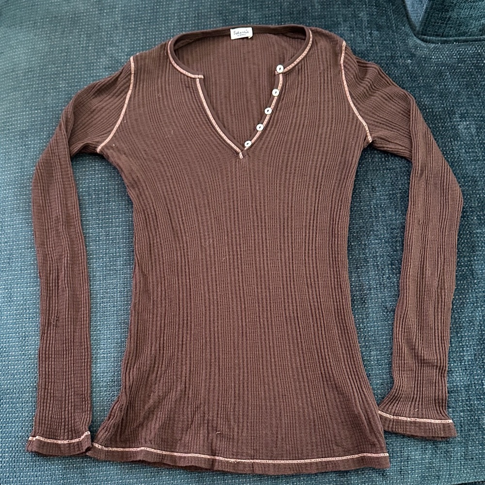 Splendid Brown Long Sleeve Henley Top